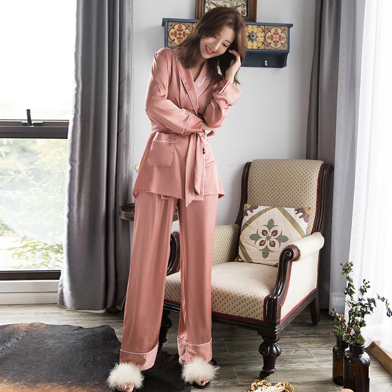 

Japanese Pijamas Women Ice Silk Satin Homewear Spring Autumn Solid Pajamas Set Female Long Sleeve Pajama Suit 2 Piece MA50132