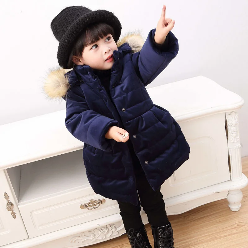 Have hat Navy Коллекция года, зимние куртки для девочек велюровые плотные детские пальто теплая парка детская длинная хлопковая стеганая одежда с милым бантом для маленьких девочек - Цвет: Have hat Navy