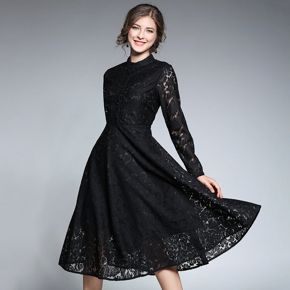 Винтажные синие кружевные платья для женщин осень 2018 платье с длинным рукавом и
