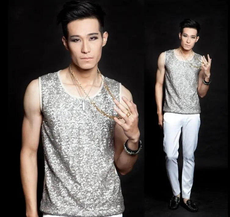 Мужской приталенный жилет без рукавов с серебряными блестками мужские костюмы в