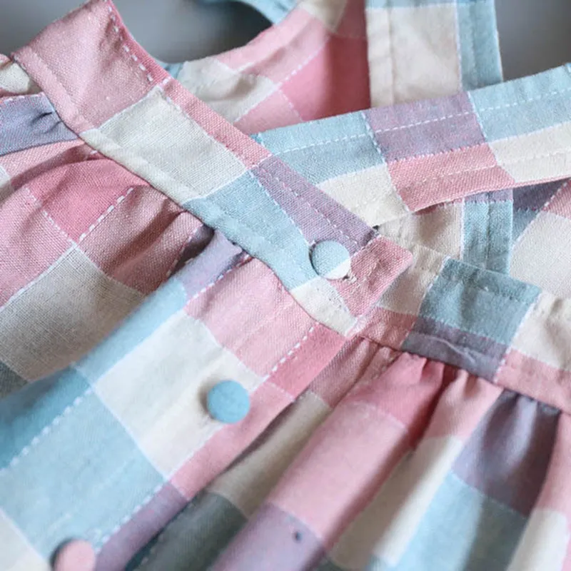 Baby Girls Dress Plaid Pattern Petal Sleeveless A-line Backless Kids Casual Linen Clothing Button Behind Fashion Clothes | Детская