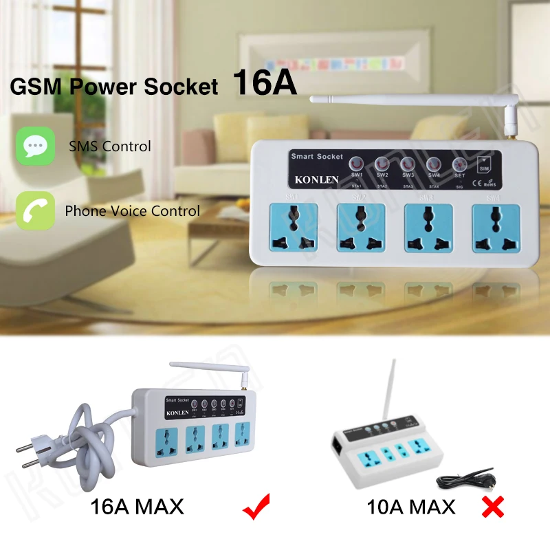 Konlen 16A GSM розетка переключатель времени домашний умный пульт дистанционного управления Разъем питания 4 канала реле с датчиком температуры