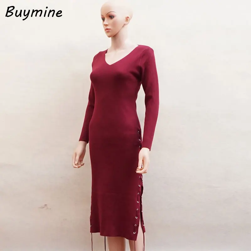 Side Split Knitted Sweater Dress Fashion Metal Eyelet Bandage Dresses Lengthened Autumn Winter Slimming in | Женская одежда