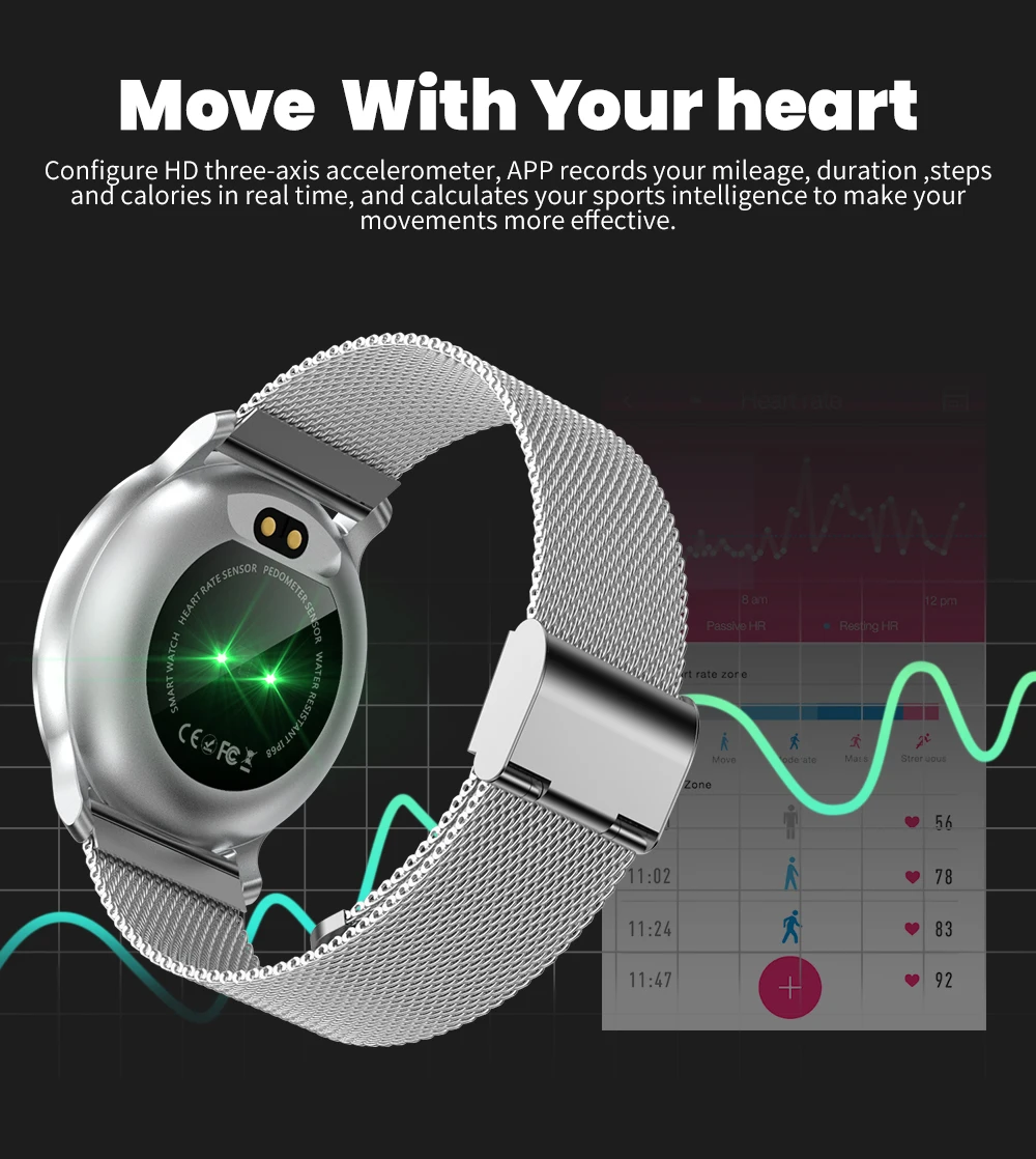 Rundoing NY03 Smart Watch IP68 waterproof Heart rate monitor Smartwatch Message reminder Fitness tracker For Android and IOS