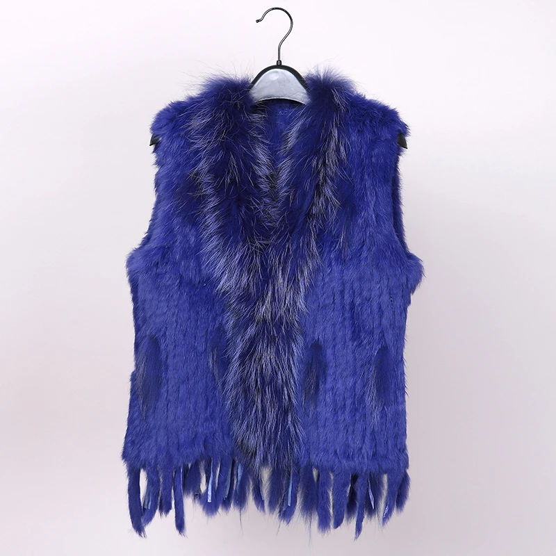 royal blue VR001 Женский жилет из натурального кроличьего меха с воротником из меха енота жилет/куртки из кролика Рекс вязанный зимний - Цвет: royal blue