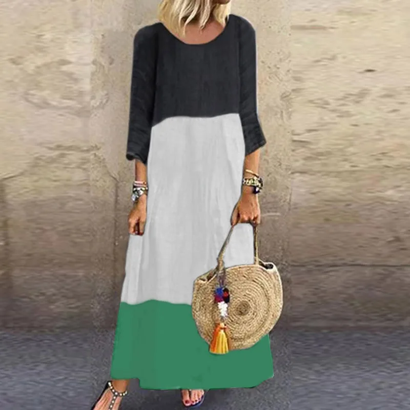 Long Sleeve Black VIEUNSTA 5XL Summer Print Patchwork Long Party Dress Women Vintage Short Sleeve O-Neck Beach Dress Sexy Plus Size Female Dresses - Цвет: Long Sleeve Black