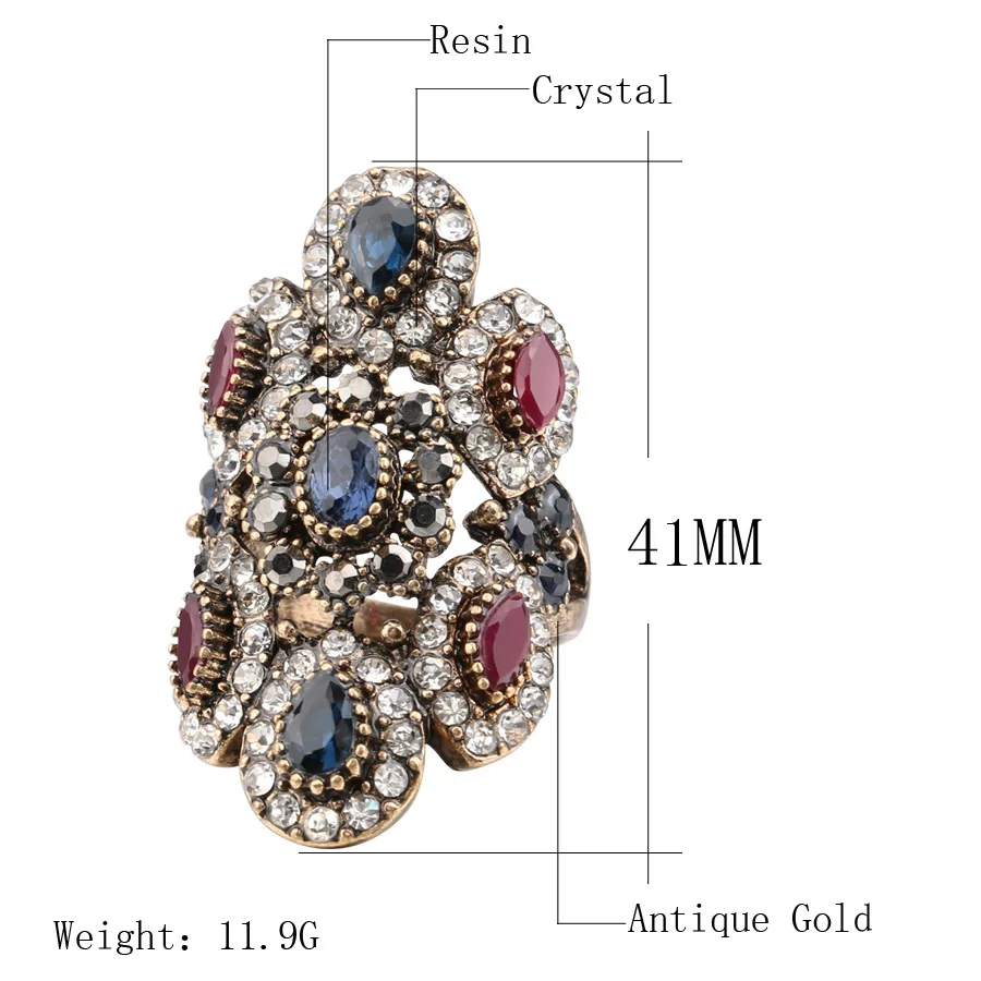 Оригинальное большое кристаллическое кольцо винтажное Золотое в античном стиле