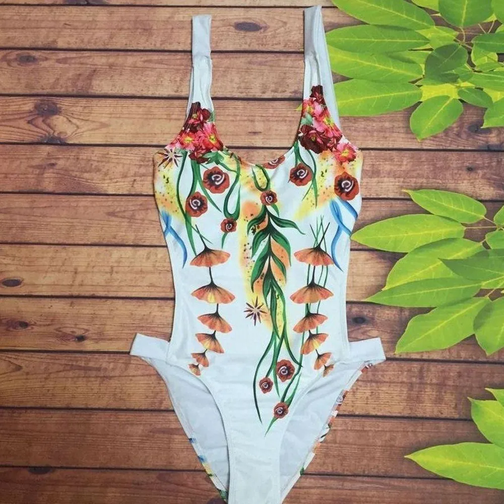 Цельный закрытый купальник для женщин с открытой спиной цветочный трикини пуш-ап