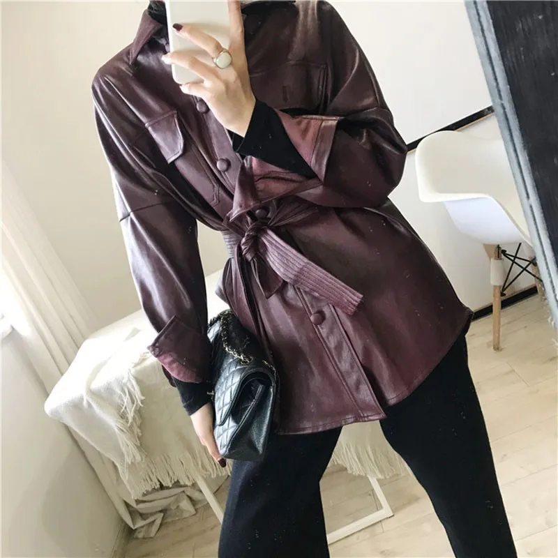 Куртка женская из искусственной кожи свободная куртка с регулируемым поясом