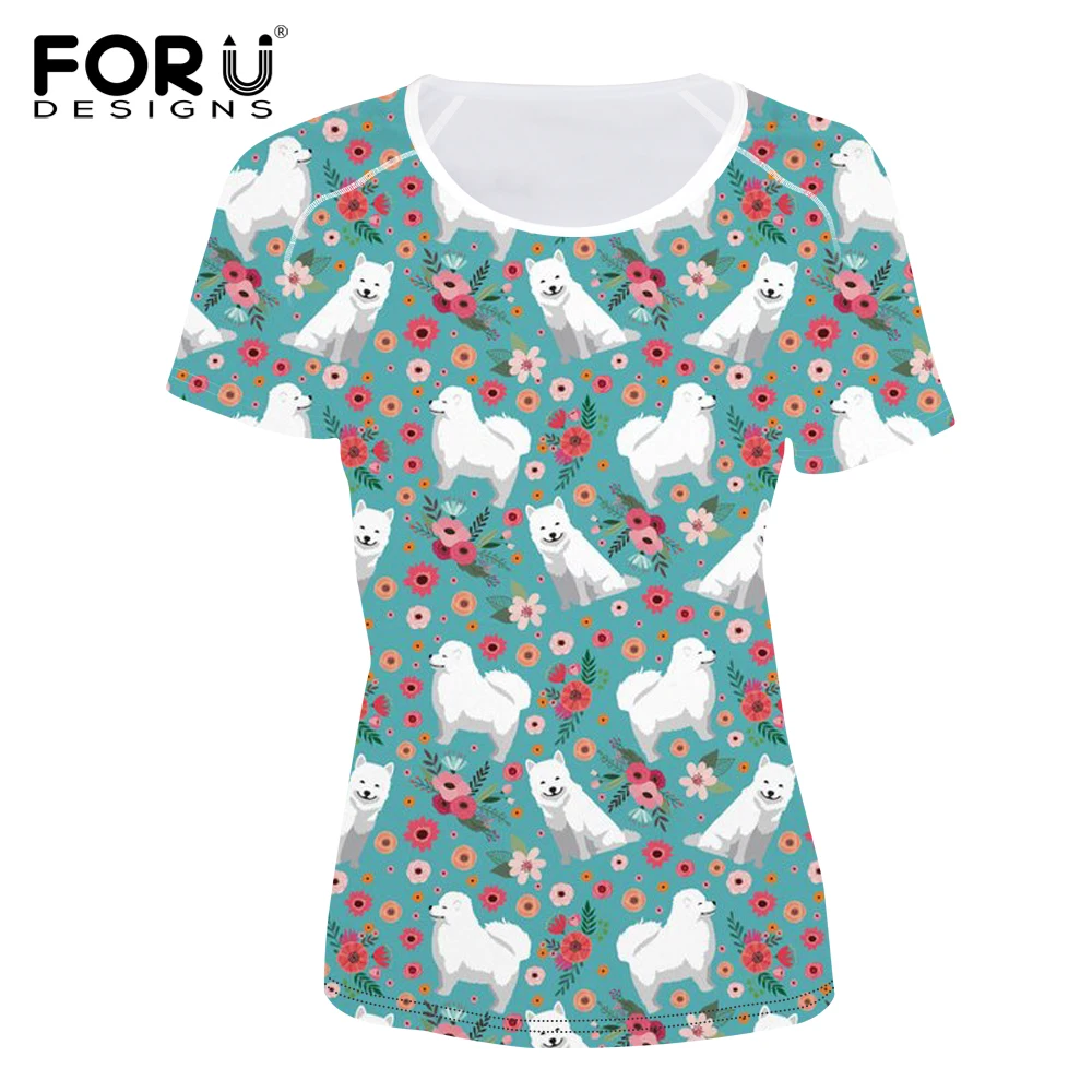 

FORUDESIGNS T Shirt Women Funny Samoyed Printing Short Sleeve Tops Ladies Puppy Flower Pattern T-Shirt for Females Fitness Cloth
