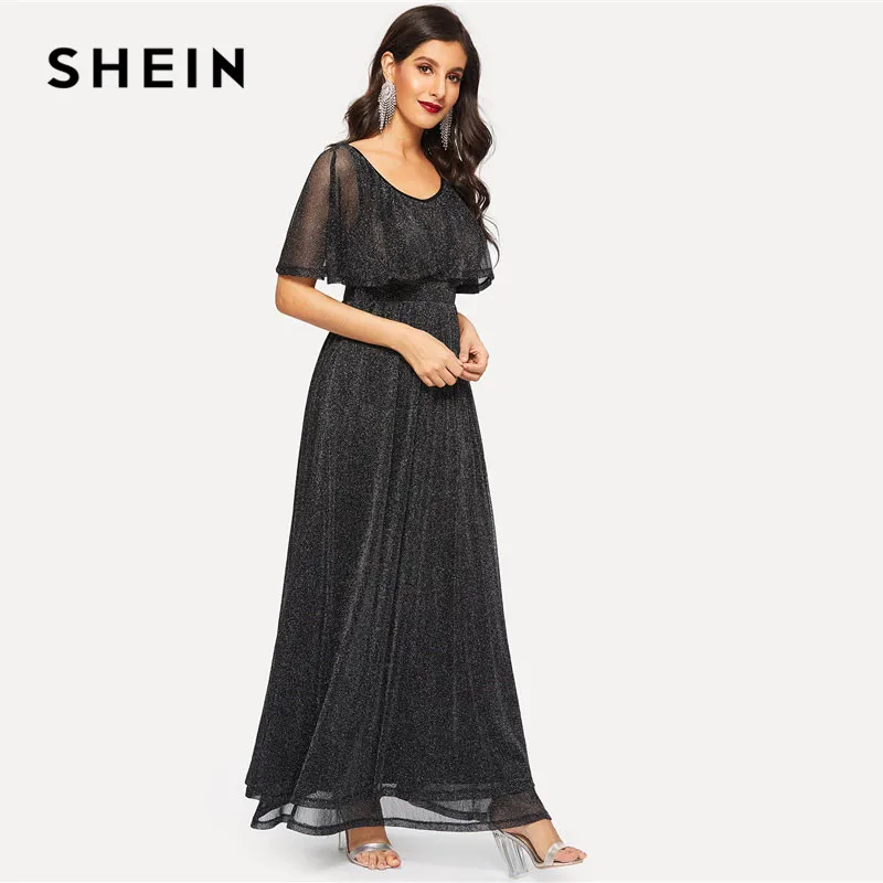 SHEIN Блестящее Расклешенное Платье С Высокой Талией Женское Черное Элегантное Платье Макси С Короткими Рукавами