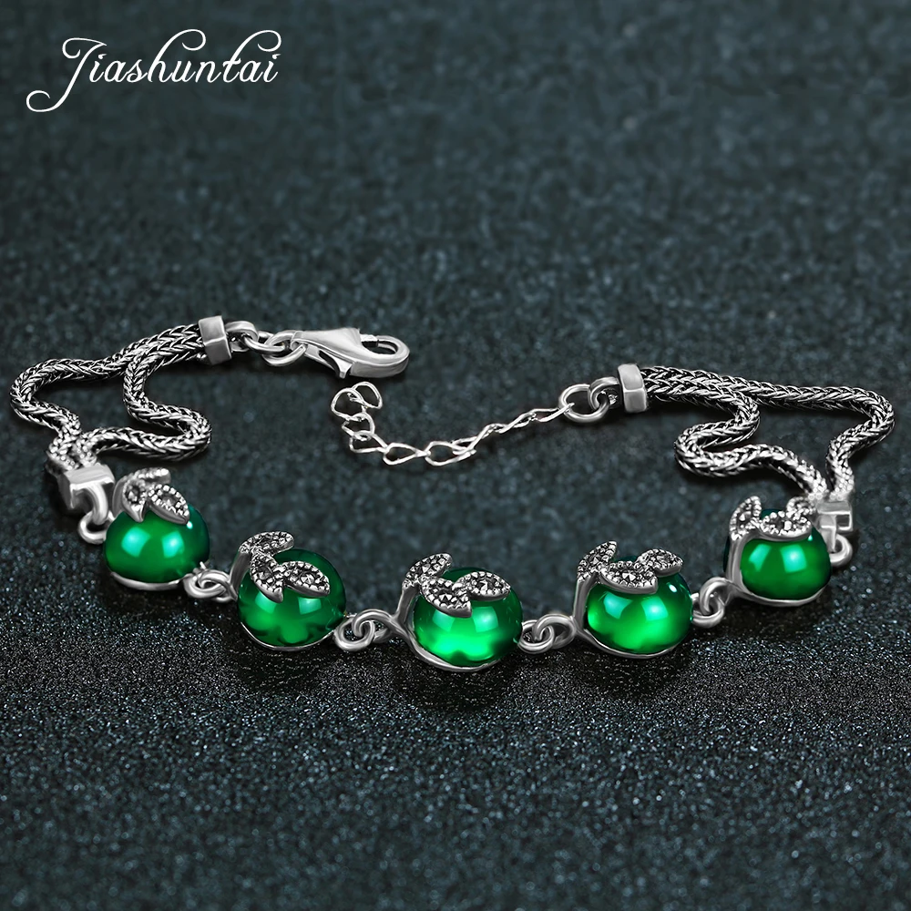 

JIASHUNTAI Retro 925 Sterling Silver Bracelets For Women Green Chalcedony Agate Gemstone Thai silver Fine Jewelry