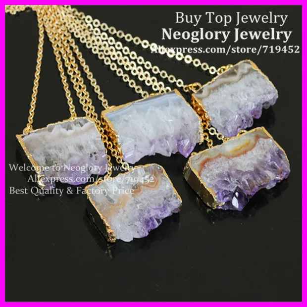 

5pcs crystal Druzy Pendant crystal Stone Slice Pendant Necklace Gold Color Nature Drusy Geode Quartz Druzy Pendant Necklace