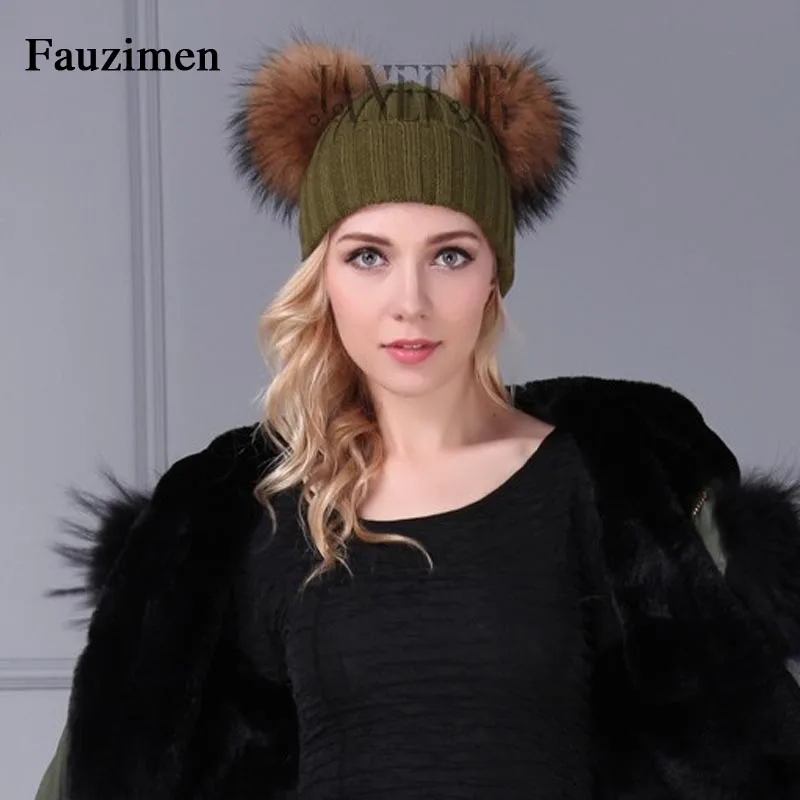 Новые зимние вязаные шапки с помпоном из меха енота для женщин меховая