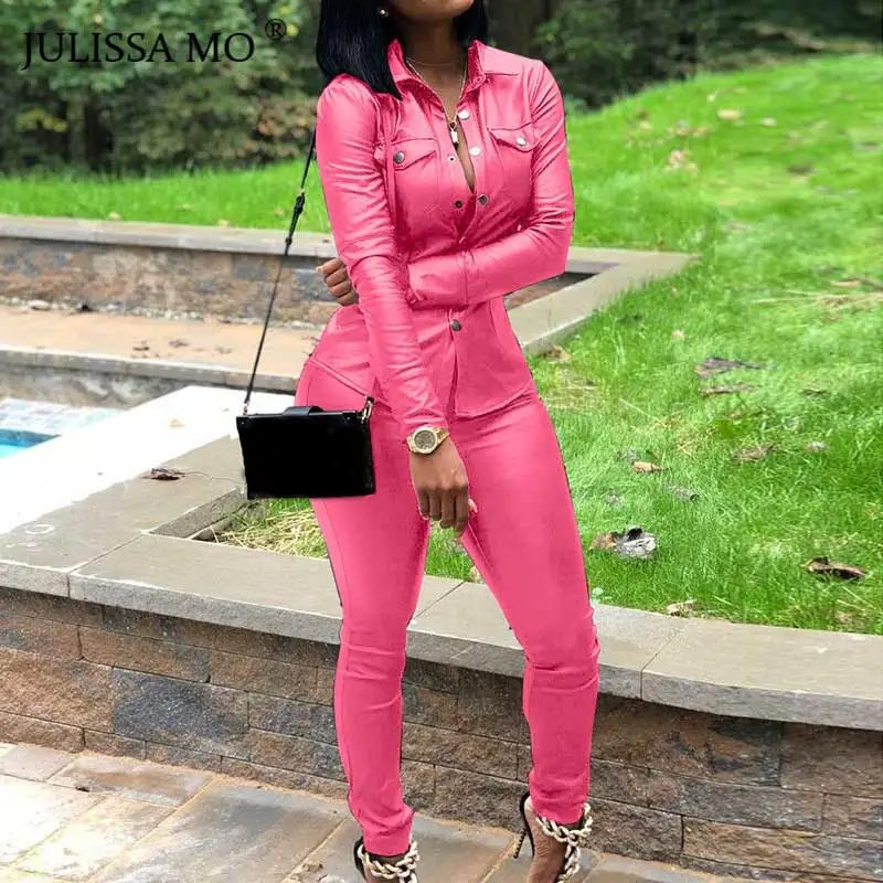 PINK Julissa mo 2 шт. набор из искусственной кожи спортивный костюм женский комбинезон с длинным рукавом футболка+ брюки с высокой талией повседневный комбинезон на пуговицах - Цвет: PINK