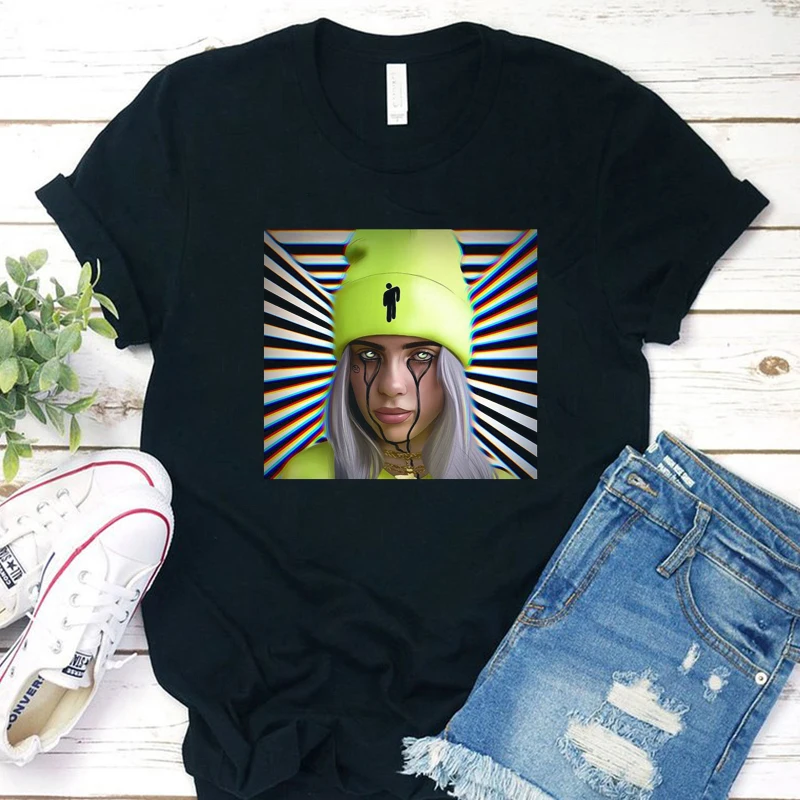 Billie Eilish, черная Повседневная футболка, Корейская, короткий рукав, летняя, для женщин, Ulzzang, хипстер, высокое качество, футболки, эстетическая, Camiseta Mujer