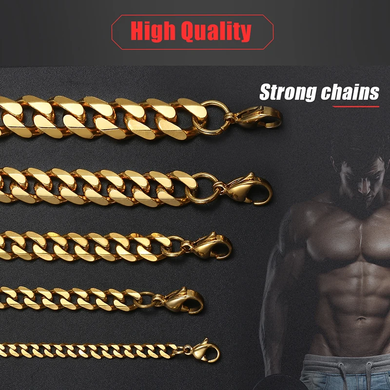 3/5/7/9/11mm 24&quot Men's Necklace 5Pcs/Lot Stainless Steel Cuban Link Chain Gold Color for Men Wholesale Jewelry KNM08A | Украшения и