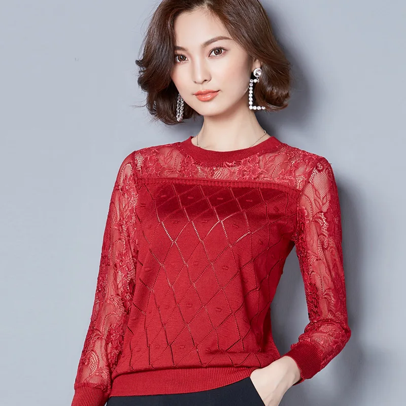 Women Sweater 2017 New Fashion Casual Spring Autumn Patchwork Lace Office Pullover Slim Knitted Sweaters Gray/Black/Wine A945 | Женская