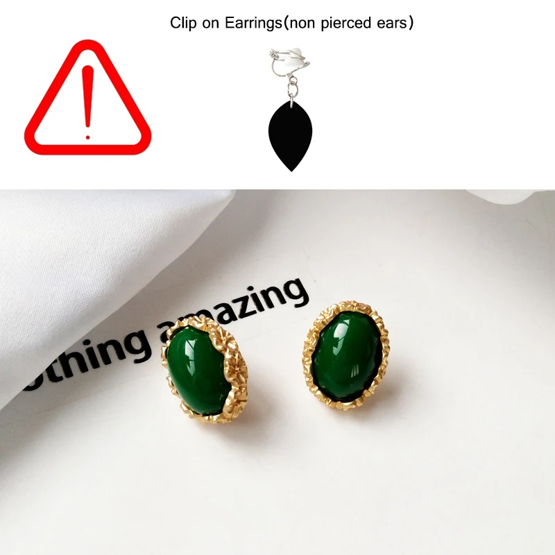 green clip earring Простые элегантные серьги-Клипсы из смолы с кристаллами, без пирсинга, винтажные металлические серьги-клипсы с овальным камнем без отверстия для ушей, Винтажные серьги - Окраска металла: green clip earring