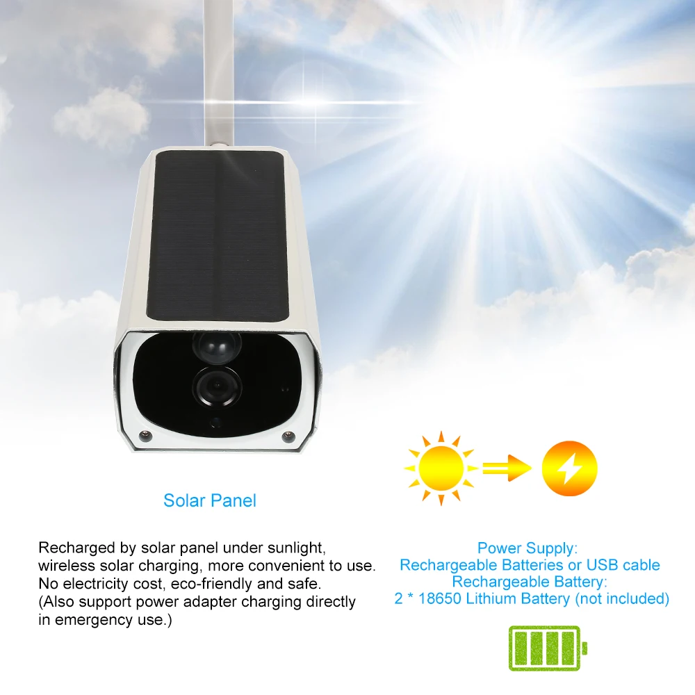 Беспроводная 1080P WiFi солнечная мощность пуля IP камера PIR Обнаружение движения