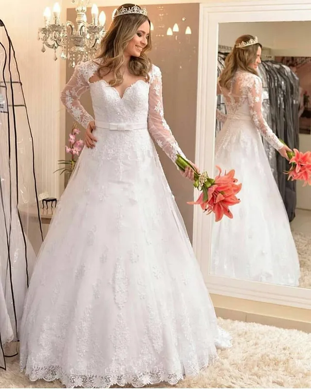 

Elegant Sweetheart Long Sleeve Wedding Dress A-Line Lace Appliques Sheer Back Country Wedding Gowns for Bridal vestido de noiva