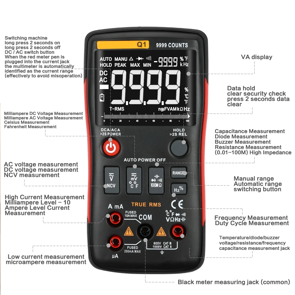 Q1 True-RMS Digital Multimeter Auto Button 9999 Counts With Analog Bar Graph AC/DC Voltage Ammeter Current Ohm Transistor Tester