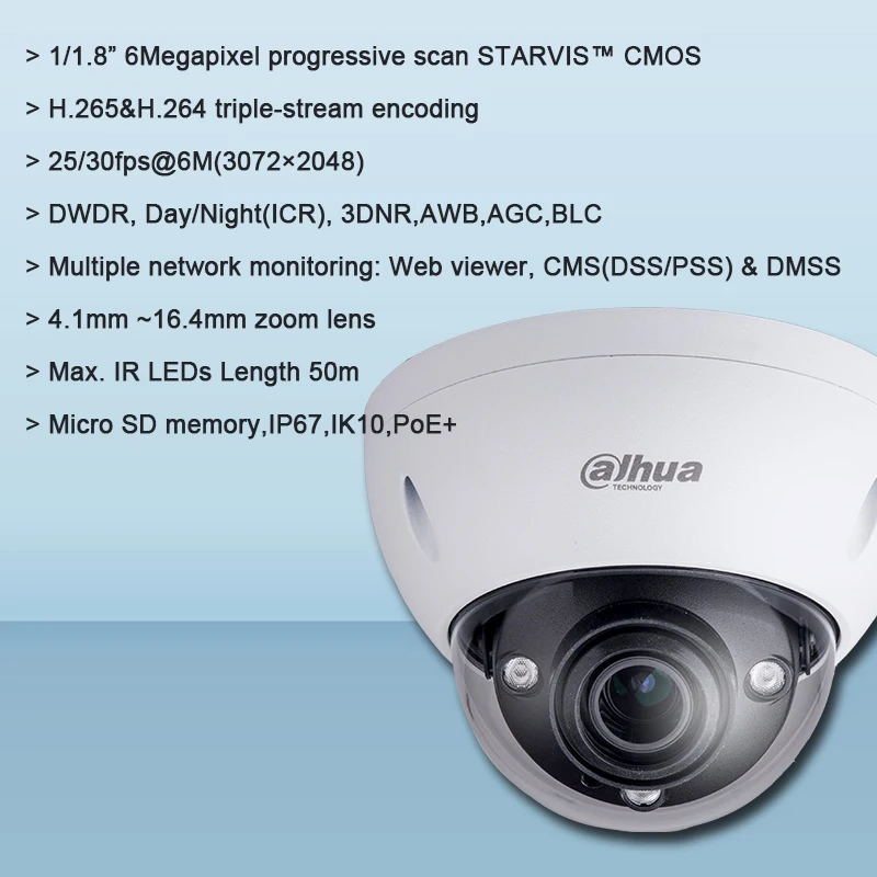 Оригинальная купольная сетевая камера Dahua IPC-HDBW8630E-ZE 6MP с максимальной длиной