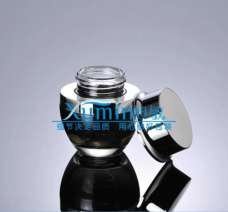 50pcs wholesale 30g black glass cream jar with shiny silver aluminum lid, glass 1 ounce cosmetic ja for eye cream , 30g bottle