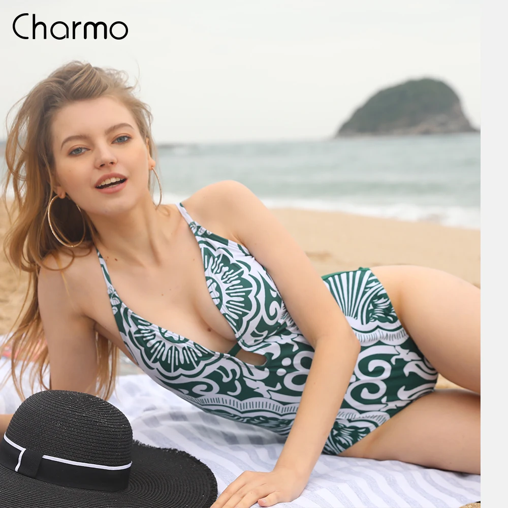 

Charmo Womens Monokini V-Neck One Piece Swimwear Print Bathing Suit Deep Plunge Padded Sexy Swimsuit Monokini