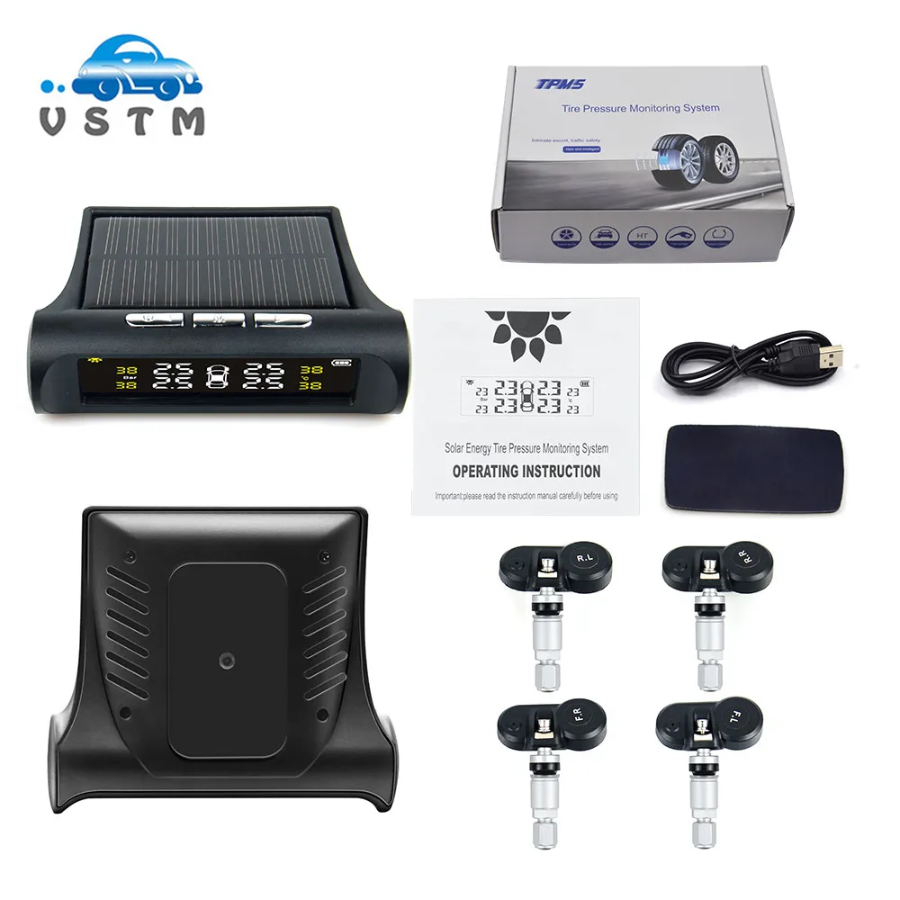 VSTM Солнечная энергия USB TPMS система контроля давления в автомобильных шинах lcd 4 внешних/внутренних датчика для внедорожПредупреждение о температуре