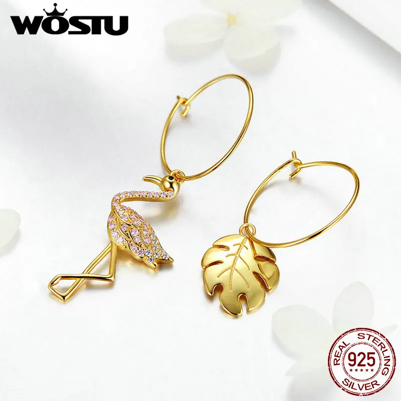 WOSTU Фламинго& лист сусального золота, позолота, Цвет Длинные висячие серьги 925 пробы серебро Для женщин тропический Стиль Висячие Серьги Серебряные украшения FNE077