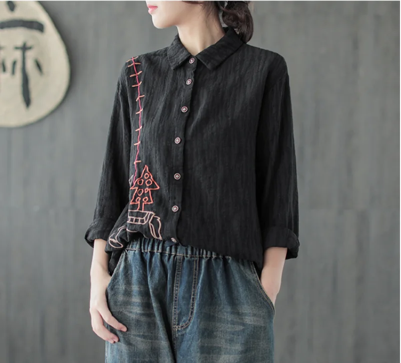 Осенняя рубашка Ретро Женская Тонкая Блузка Топы Кардиган Кнопка новая вышивка