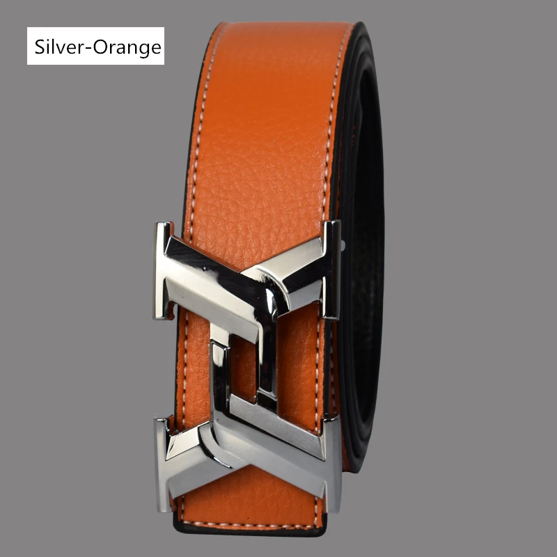 Silver Orange Luxury Belts for Men Fashion Business Casual High Quality Smooth Buckle Designer Male Leather Belts - Цвет: Silver Orange