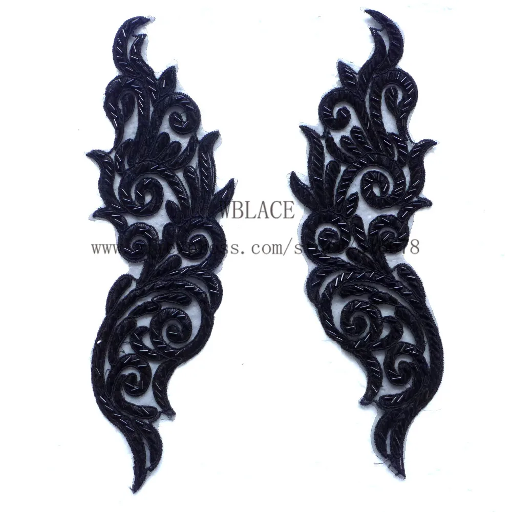 

2 pairs/lot new fashion clothing dress appliques Black haevy beading patch 27X8 cm