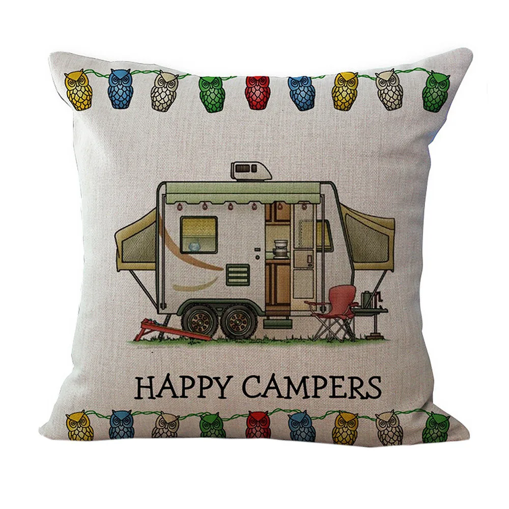 Gajjar Linen Cushion Cover Happy Campers Throw Pillow Case Letter Car For Sofa Bedroom Home Decoration 45cm*45cm402 | Дом и сад