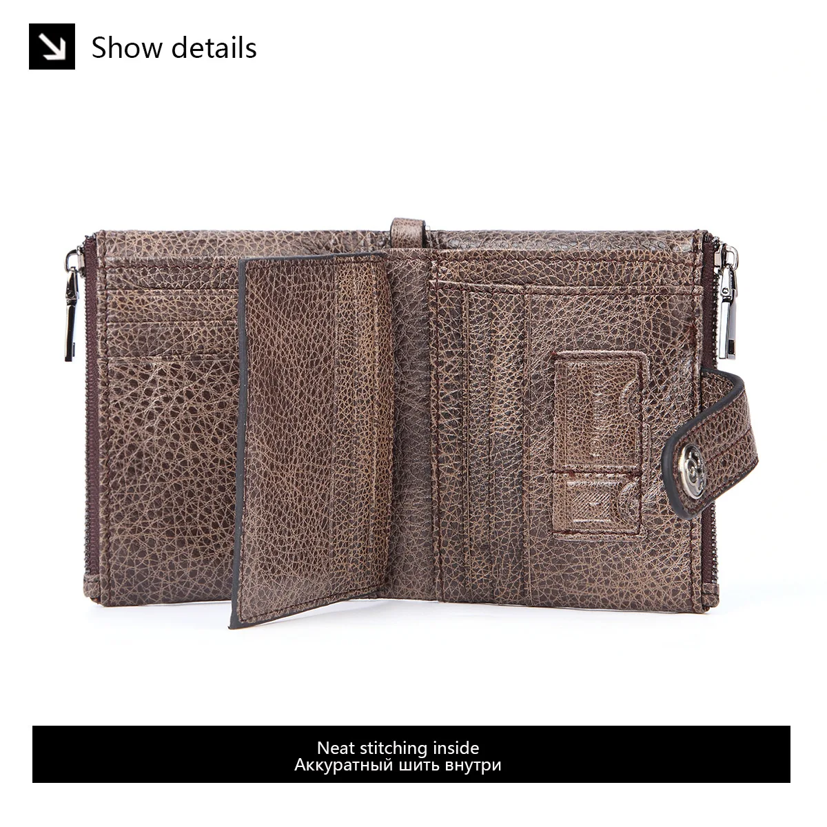 GENODERN Double Zipper Men Wallet of Hasp Design Genuine Leather Short Wallet for Men with Coin Pocket New Male Purse