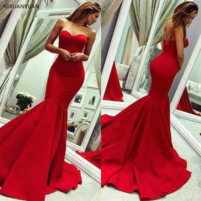 Red Mermaid Prom Dress 2021 Satin Long Sweetheart Sleeveless Sexy Backless Simple Design Woman Gala Gown | Свадьбы и торжества