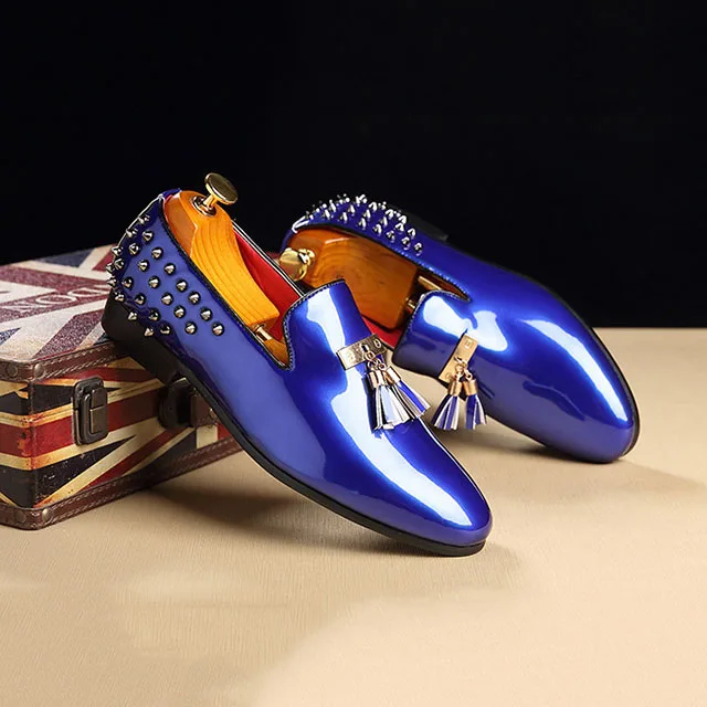 Blue Loafers Shoes Merkmak/весенние мужские лоферы с заклепками; модные однотонные кожаные туфли без застежки; мужские вечерние туфли на плоской подошве; большие размеры 37-48 - Цвет: Blue Loafers Shoes