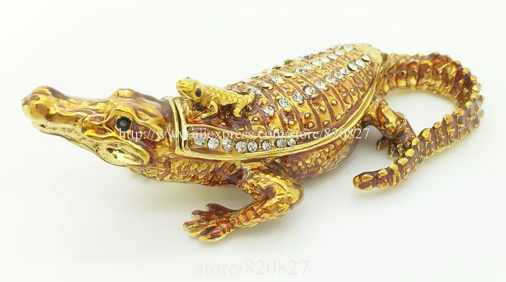BEJEWELED RHINESTONE CRYSTAL ENAMEL TRINKET BOX - ALLIGATOR/CROCODILE STATUE