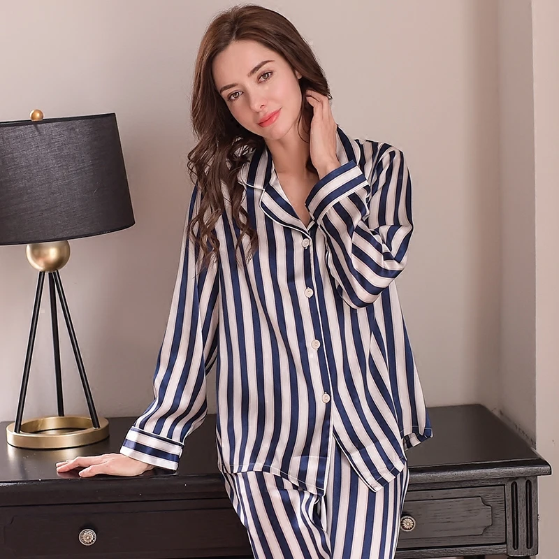 Fashion Genuine Silk Women Pajamas Striped Printed Long-Sleeve Pyjama Long Pants Sets 100% Silkworm Silk Sleepwear Female T8131