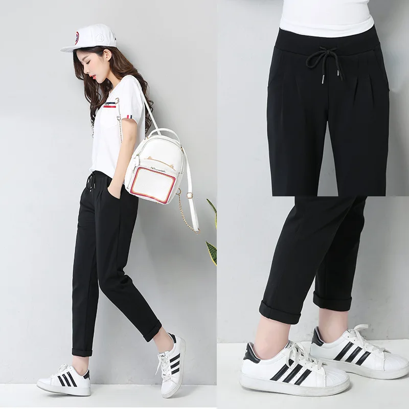 Брюки женские повседневные хлопковые до щиколотки брендовые черные спортивные