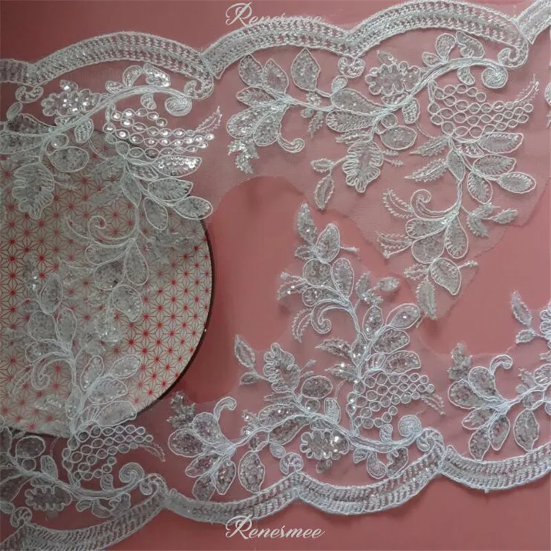 Delicate 1m White/Ivory Sequin Cording Fabric Flower Venise Venice Mesh Lace Trim Applique Sewing Craft for Wedding Dec. 21.5cm | Дом и сад