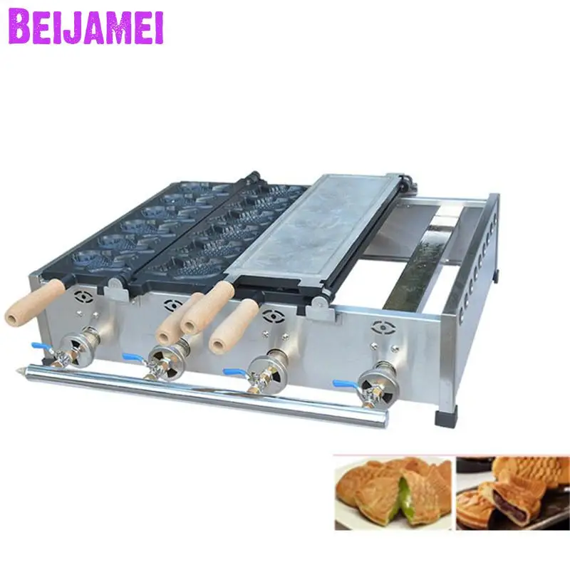 

BEIJAMEI LPG Gas Fish Shape Taiyaki Machine Double Plate 12pcs Commercial Gas Fish Taiyaki Waffle Maker