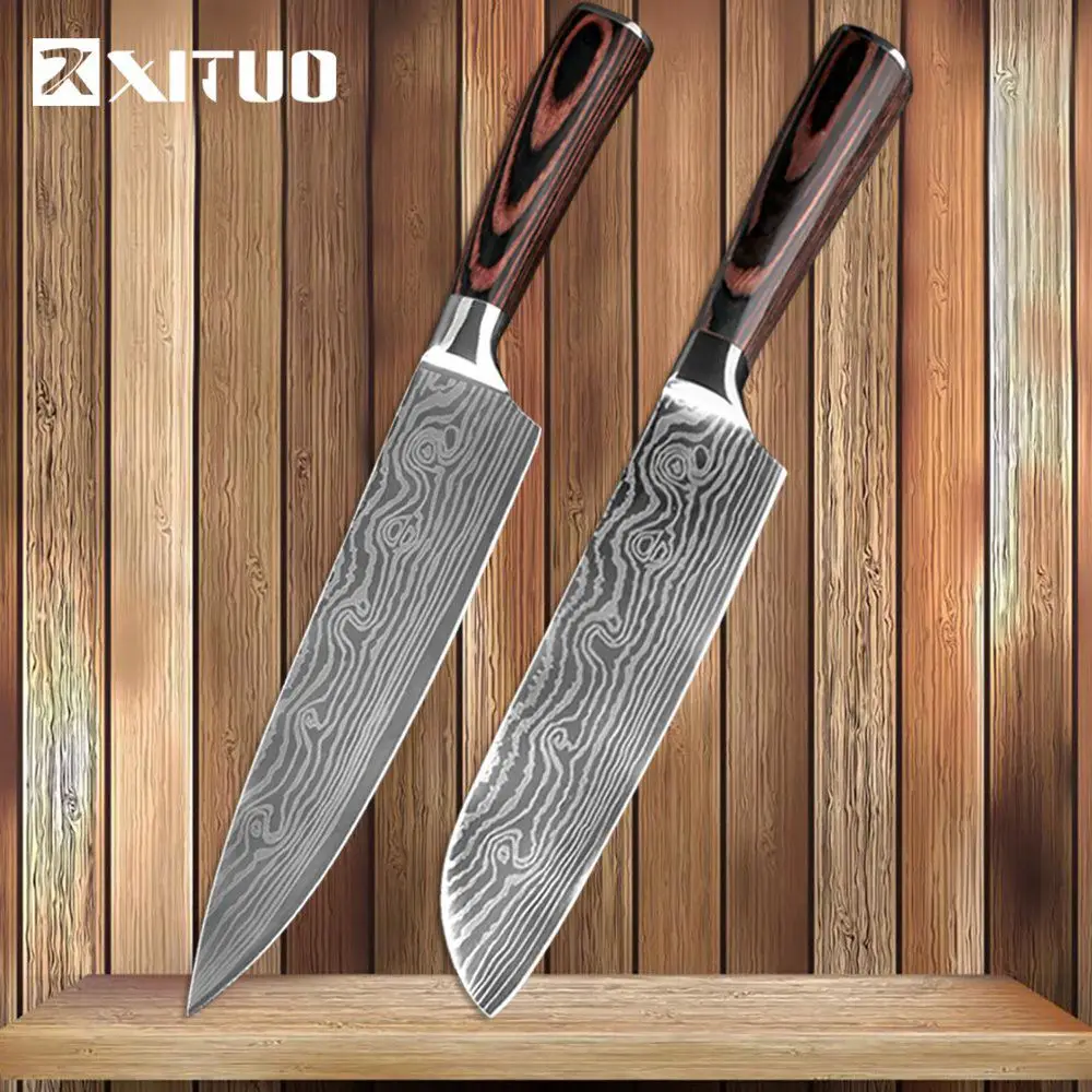2PCS-1 XITUO кухонные ножи Дамасские вены ножи из нержавеющей стали цветные деревянные ручки для очистки овощей утилита Santoku нож для нарезки повара - Цвет: 2PCS-1