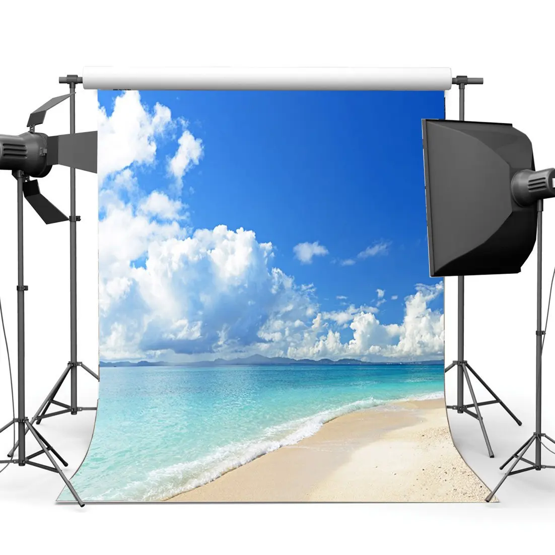 

Seaside Sand Beach Backdrop Waves Blue Sky White Cloud Nature Romantic Summer Holiday Journey Ocean Sailing Background