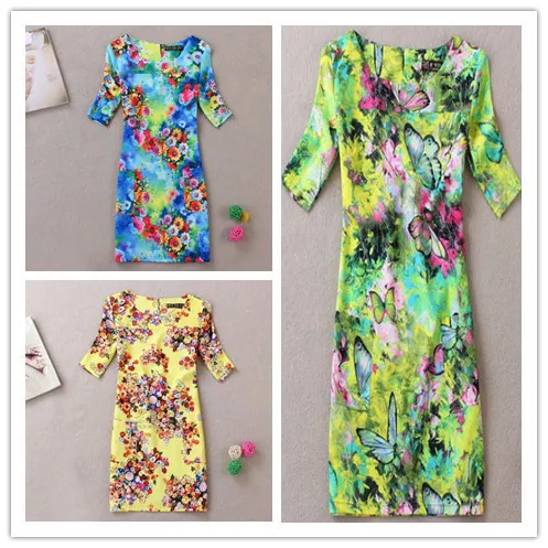 Yw3 Women Casual Dress Plus Size Bohemian Mini Butterfly Novelty FlowerGreen Blue Print Summer 2014 Vestidos | Женская одежда