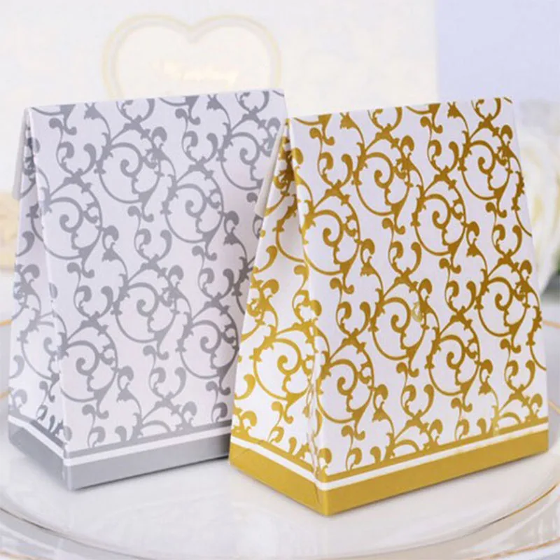 

50pcs/lot Silver Gold Flower Pattern Gift Box Wedding Favor Candy Packaging Box Craft Gift Box Packaging for Wedding Guests
