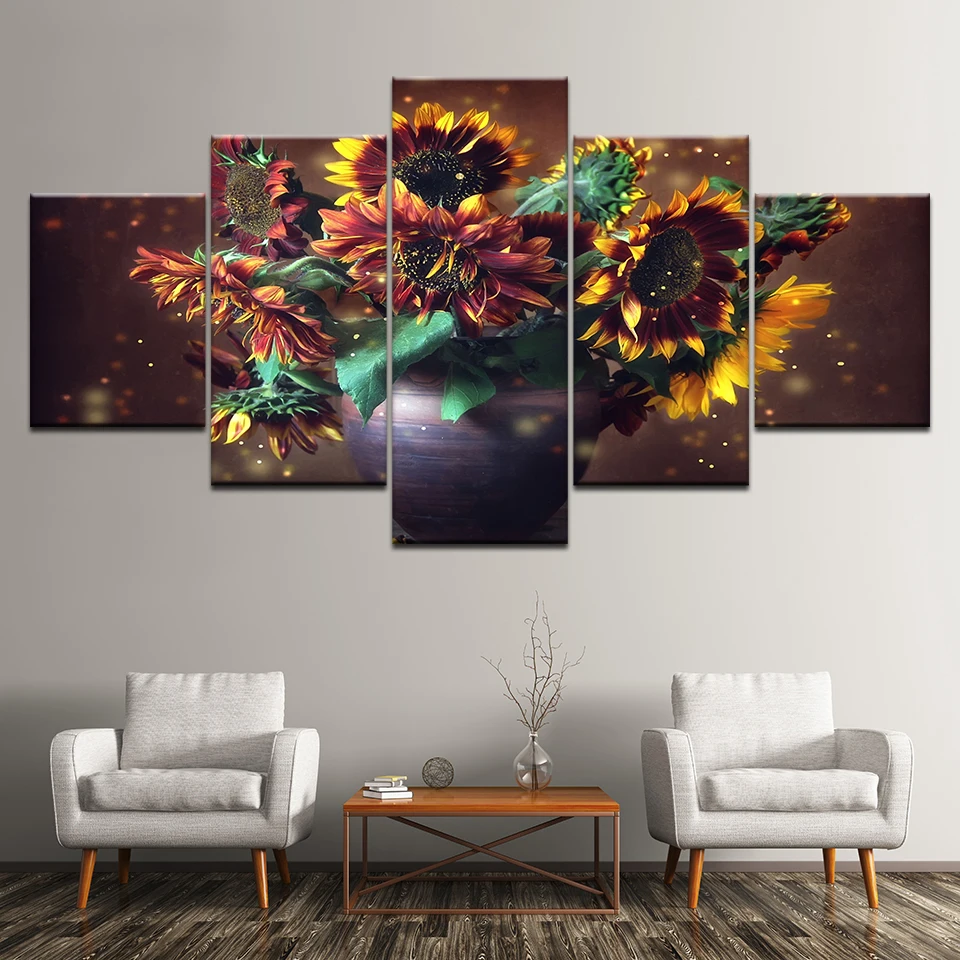 Абстрактная картина из подсолнухов и растений на холсте настенное искусство
