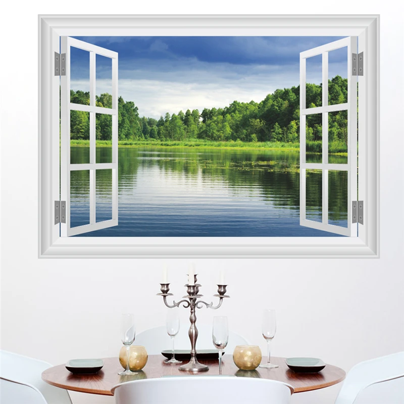 3d наклейки на стену с фальш окном лесным деревом озером гостиной спальней