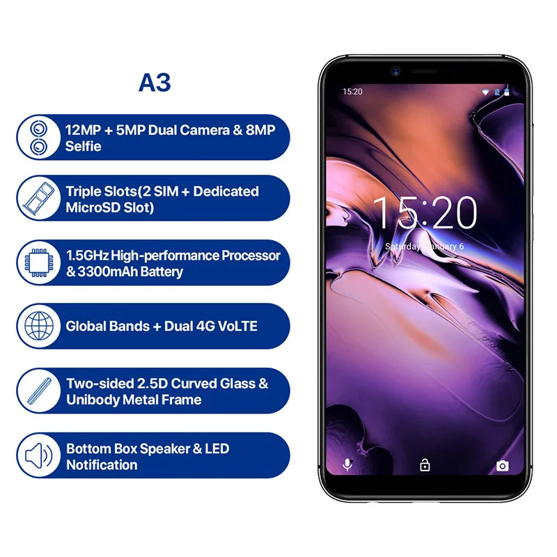 UMIDIGI A3 5 &quotincell HD + дисплей 2 GB 16 смартфон Android 8 1 12MP 5MP лицо двойной 4G мобильный